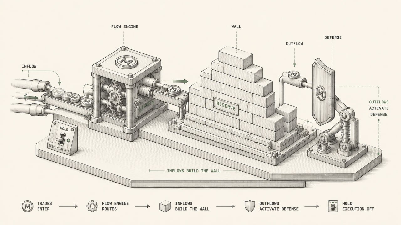 MASON mechanism: trade inflows enter the Flow Engine, build the protocol-owned Wall, while outflows can activate defense and failed checks hold execution